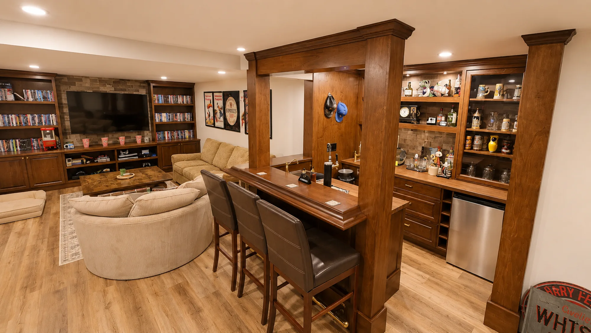 Custom basement bar and media area in a finished Hawkwood basement, Calgary