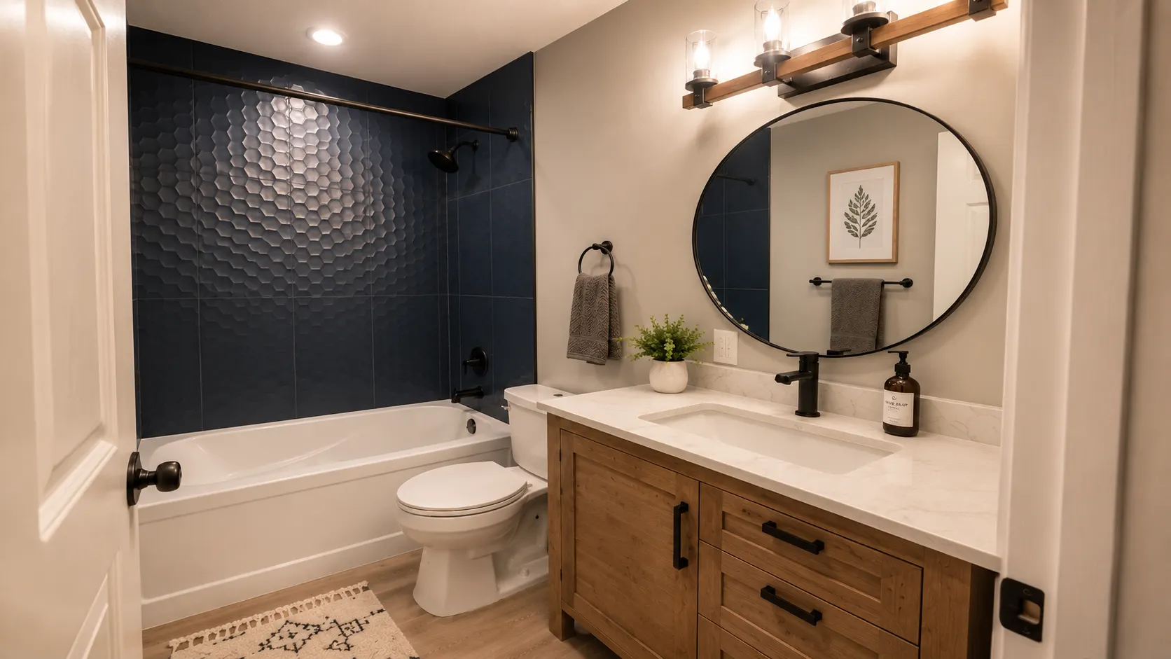 Bathroom renovation in Beddington, Calgary — a navy hexagon tile tub surround, oak vanity and matte-black fixtures