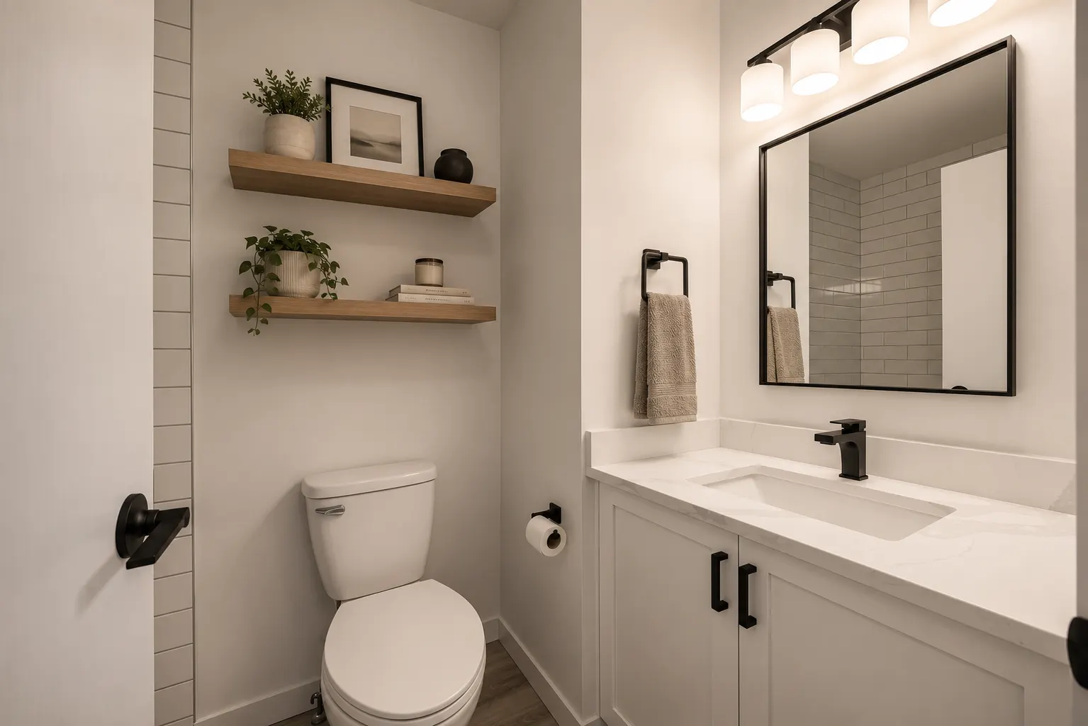 Powder room renovation in Braeside, Calgary — a white shaker vanity with a quartz waterfall edge, black fixtures and oak floating shelves