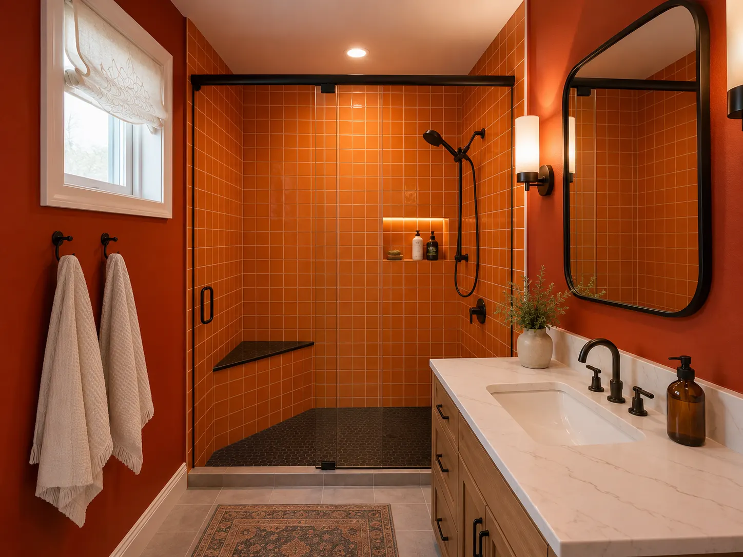 Bathroom renovation in Carbon, Alberta — a terracotta-tiled walk-in shower with a bench seat, oak vanity and black fixtures