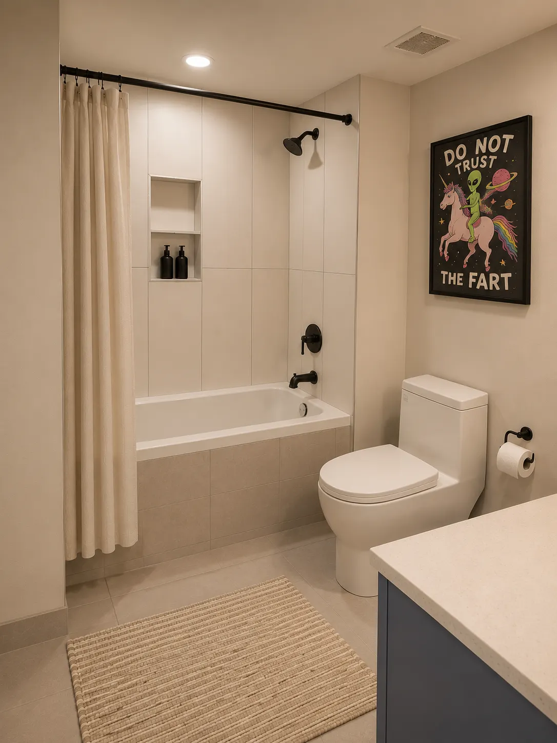Bathroom renovation at Roxboro Tower, Calgary — a large-format tiled tub surround with matte-black fixtures and a navy vanity