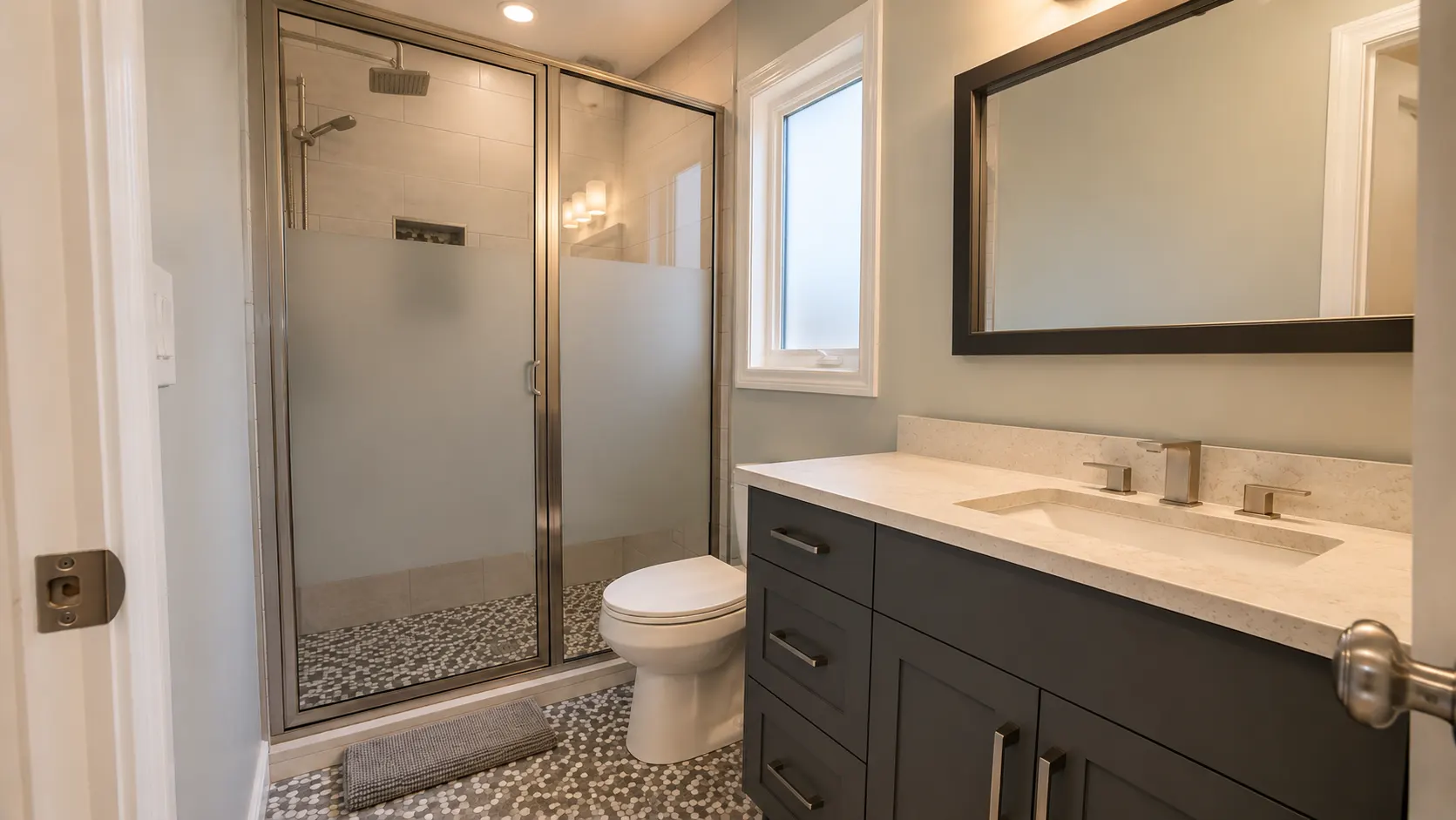 Bathroom renovation in Roxboro, Calgary — a framed glass shower, pebble-mosaic floor and charcoal shaker vanity