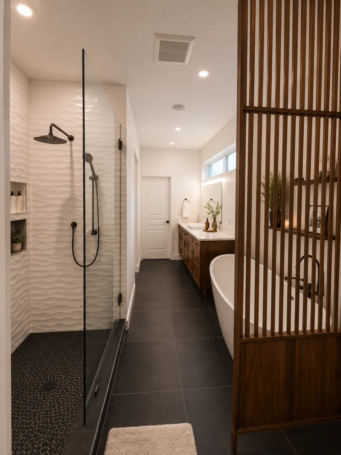 Bathroom renovation in Sagehill, Calgary — a textured-tile walk-in shower, freestanding tub and walnut slat divider