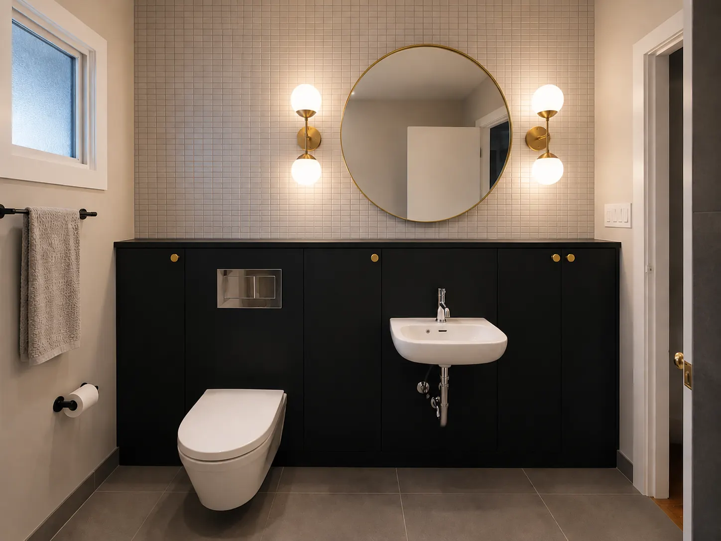Bathroom renovation in Wildwood, Calgary — a wall-hung toilet and basin on a matte-black cabinet run with brass hardware and a mosaic feature wall