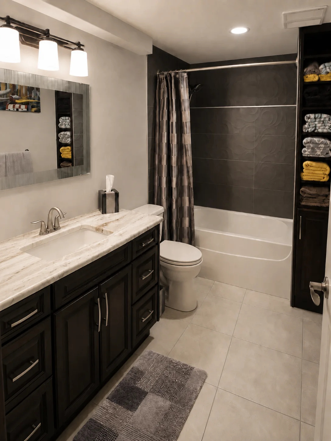 Chestermere basement bathroom after renovation — an espresso vanity with marble-look top, tiled tub-shower and a textured accent wall, Calgary