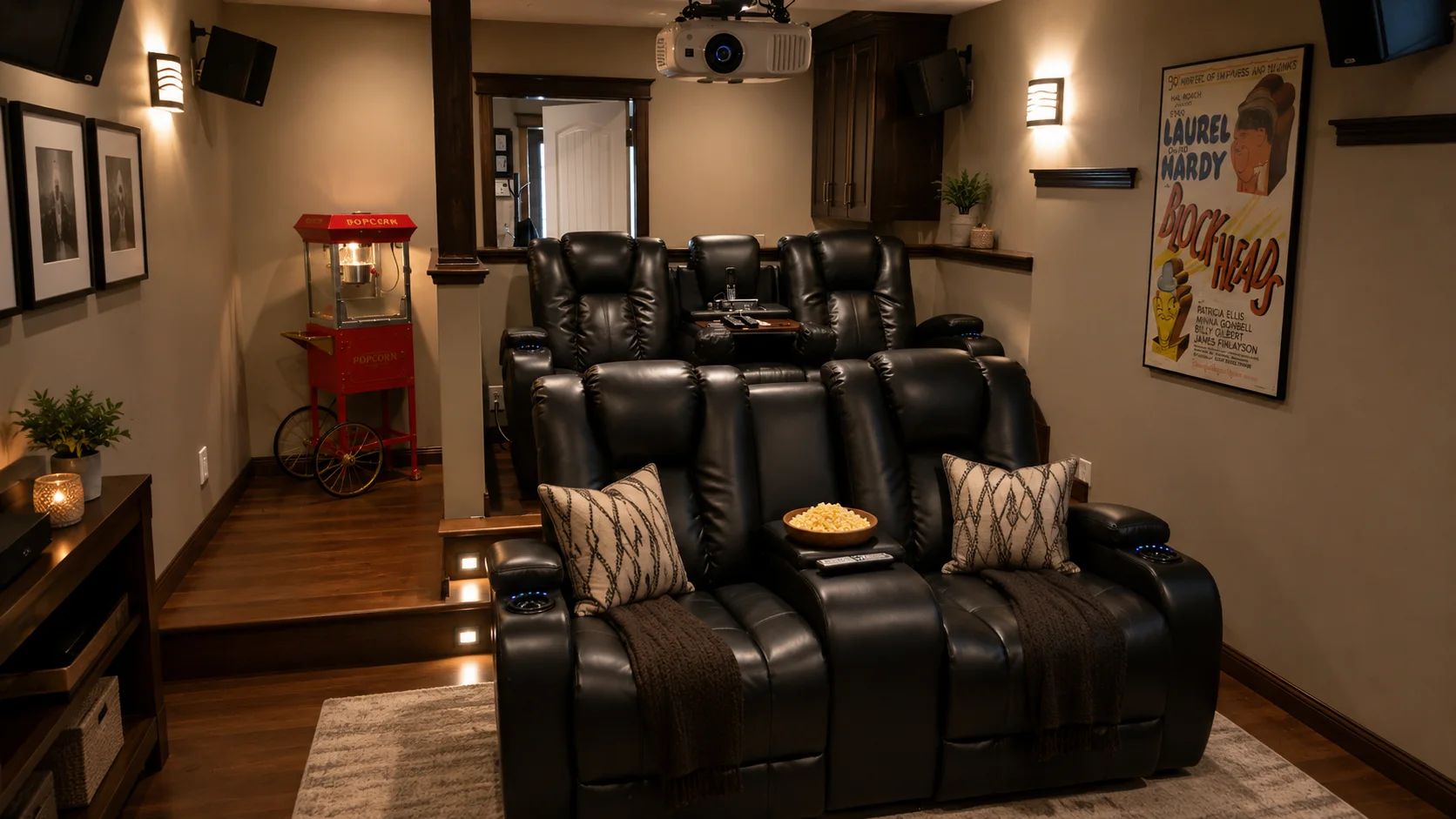 Chestermere basement home theatre after renovation — tiered black leather recliners, a ceiling projector and surround speakers, Calgary