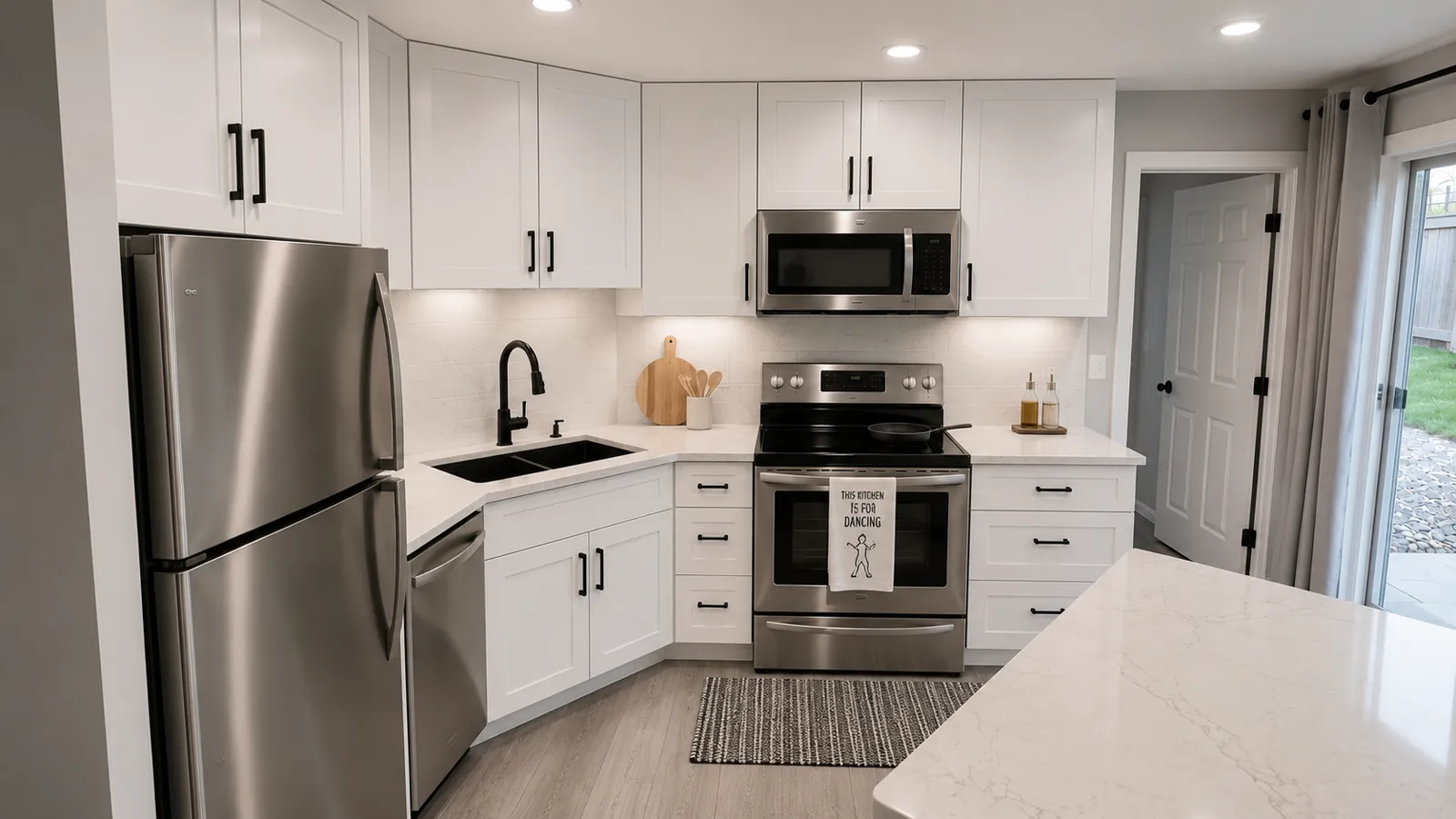 White shaker kitchen with black hardware and quartz counters from a Dover kitchen renovation in Calgary