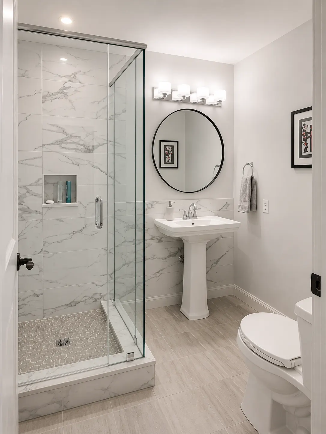 Ensuite renovation in Erlton, Calgary — a marble-look tiled shower with a framed glass door and hex mosaic pan