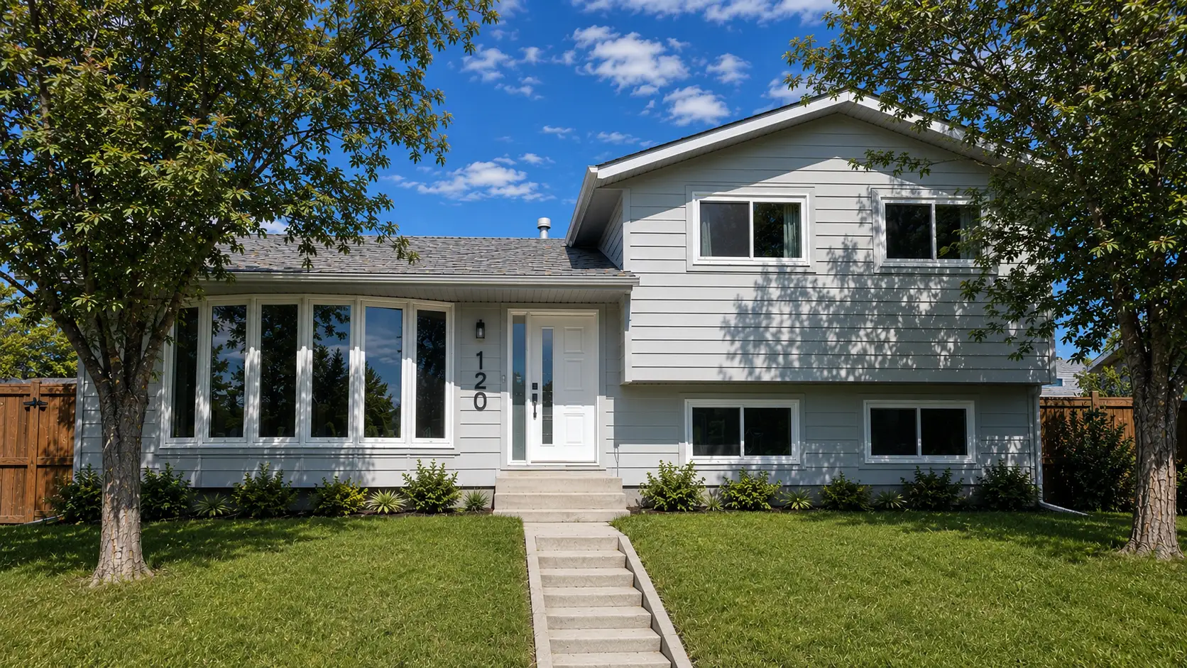 Exterior renovation in Forest Lawn, Calgary — new siding, windows and a rebuilt front entry on a split-level home