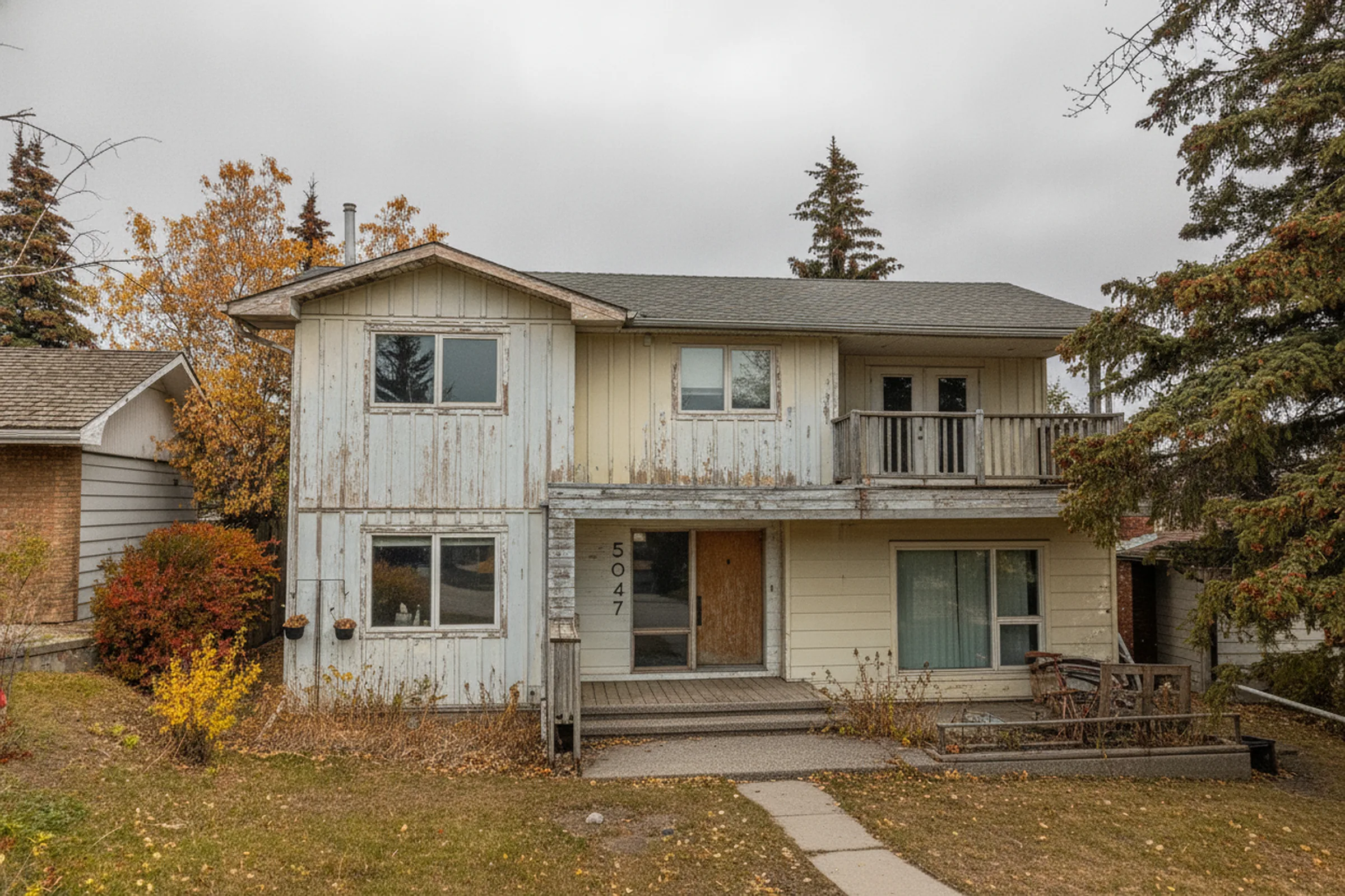 North Haven home before exterior renovation — peeling board-and-batten paint, a weathered wood balcony rail and a plywood front door, Calgary