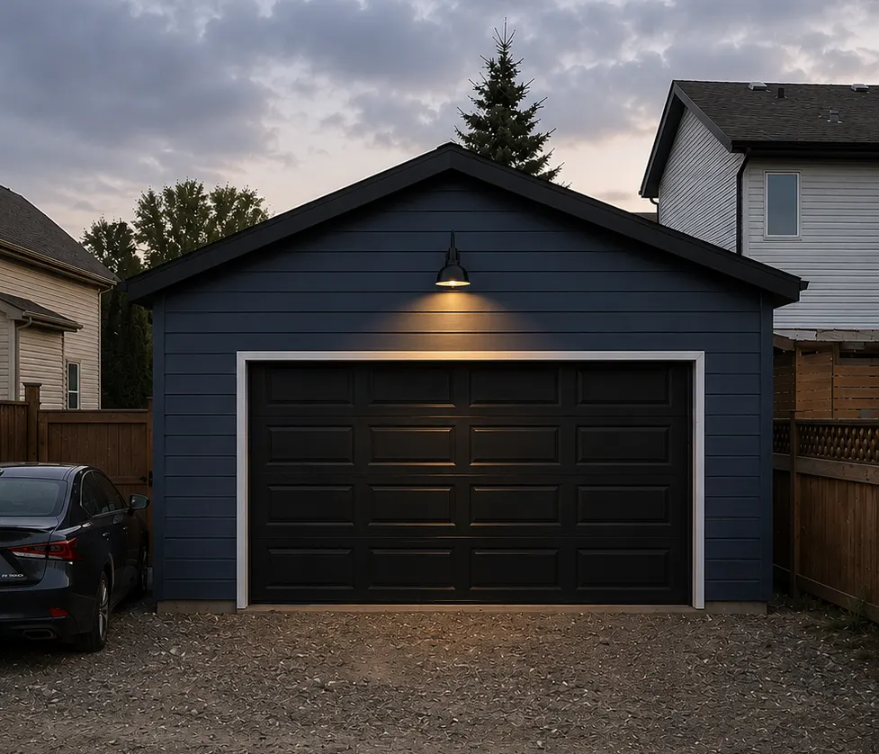 A detached single garage in Walden, Calgary — navy siding, a black overhead door and a gooseneck barn light