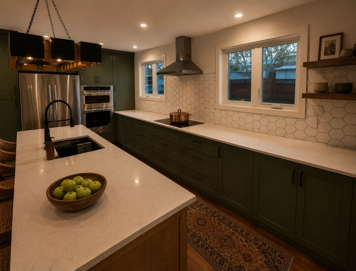 Deep-green shaker kitchen with a light-oak island and hex-tile backsplash from a Huntington kitchen renovation in Calgary