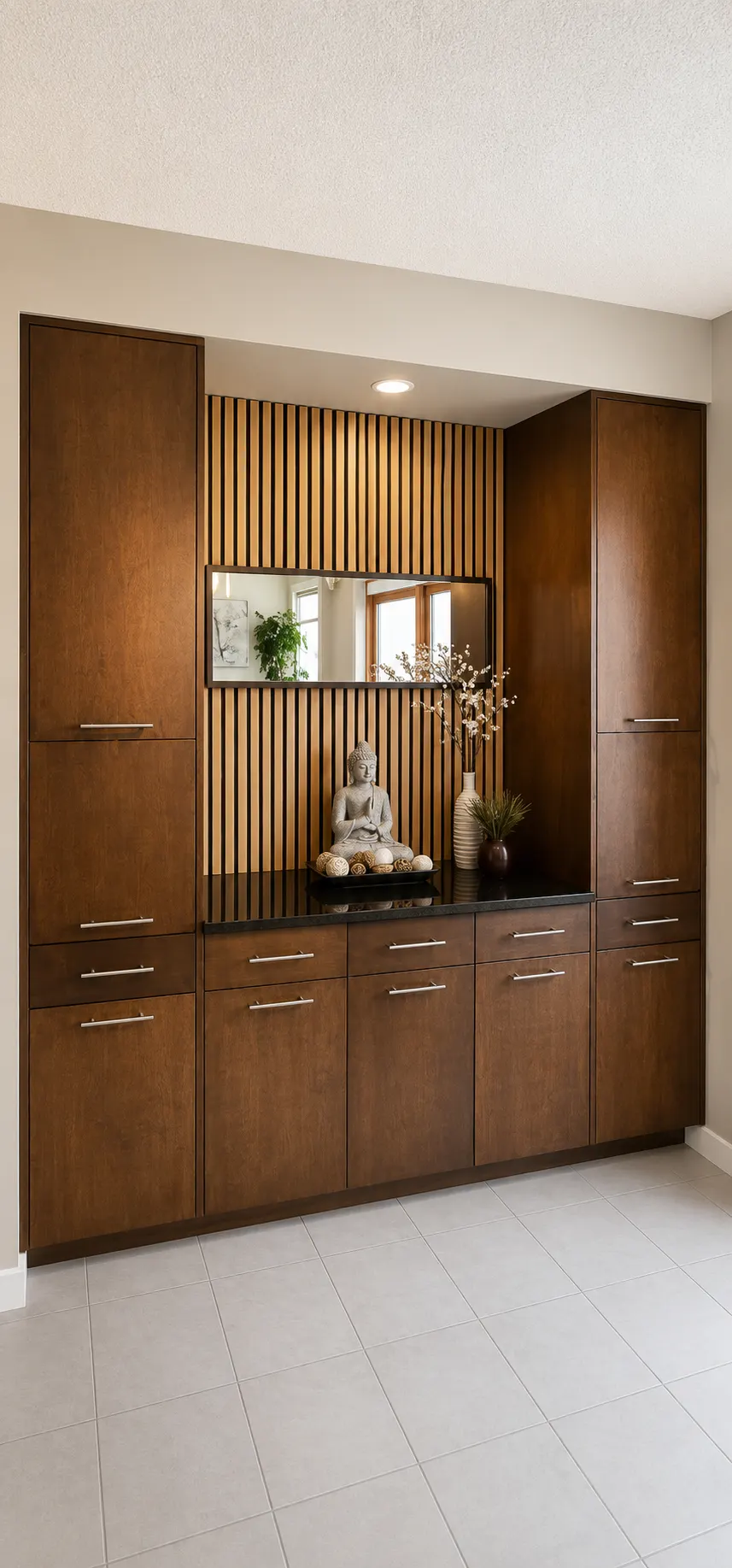 A built-in dining hutch in a Panorama renovation, Calgary — stained maple cabinetry, a granite counter and a slatted wood backsplash