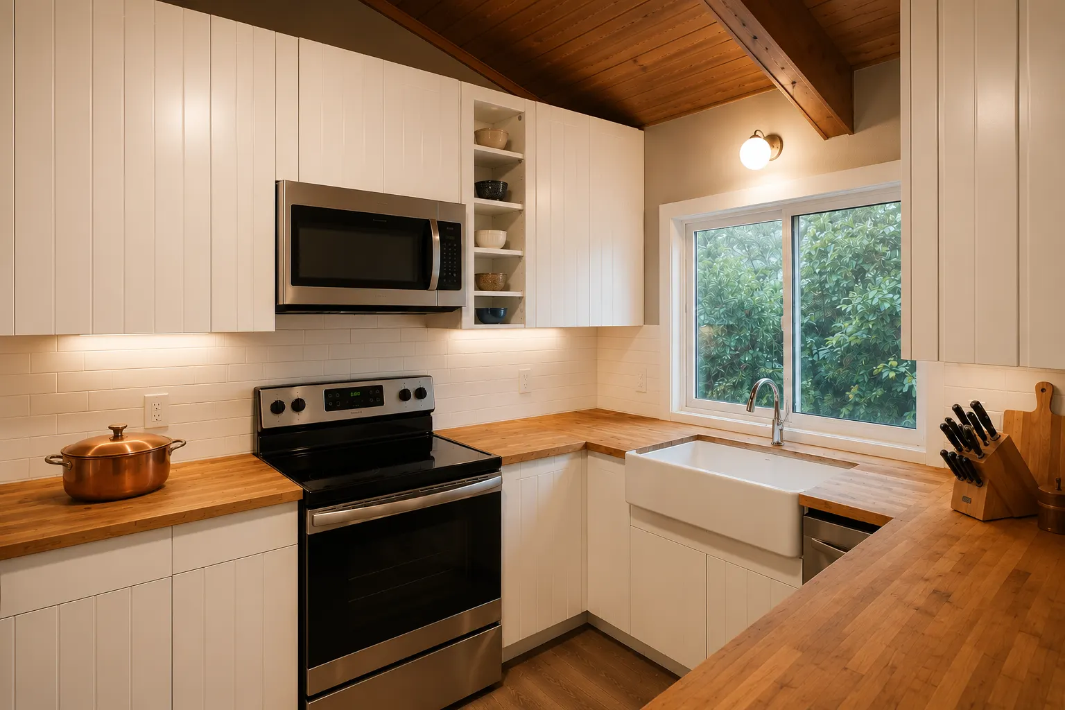 Kitchen renovation in Braeside, Calgary — white shiplap-front cabinets, butcher-block counters and an apron-front sink under a cedar vaulted ceiling