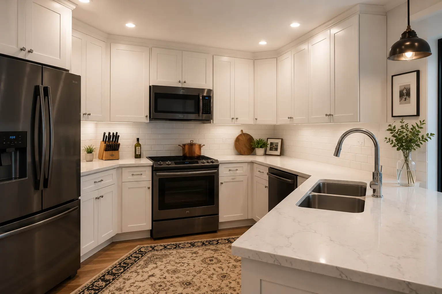 Kitchen renovation in Erlton, Calgary — white shaker cabinets to the ceiling, a marble-look quartz peninsula and subway-tile backsplash