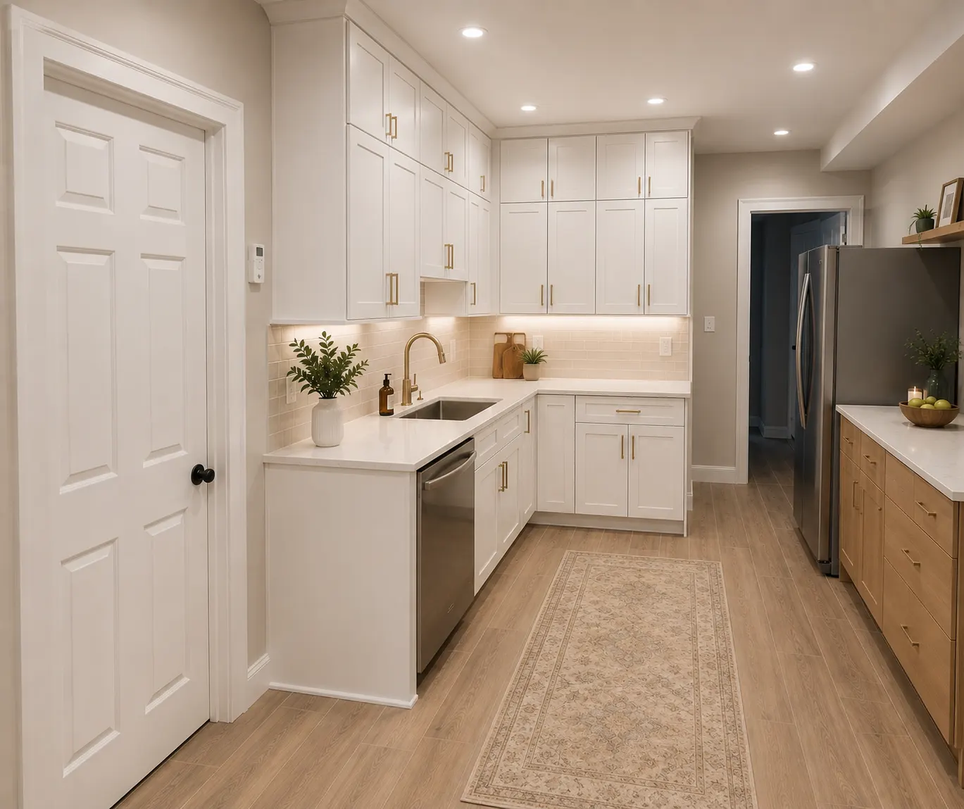 Galley kitchen renovation in Kingsland, Calgary — white shaker cabinets to the ceiling with brass hardware and a brass gooseneck faucet