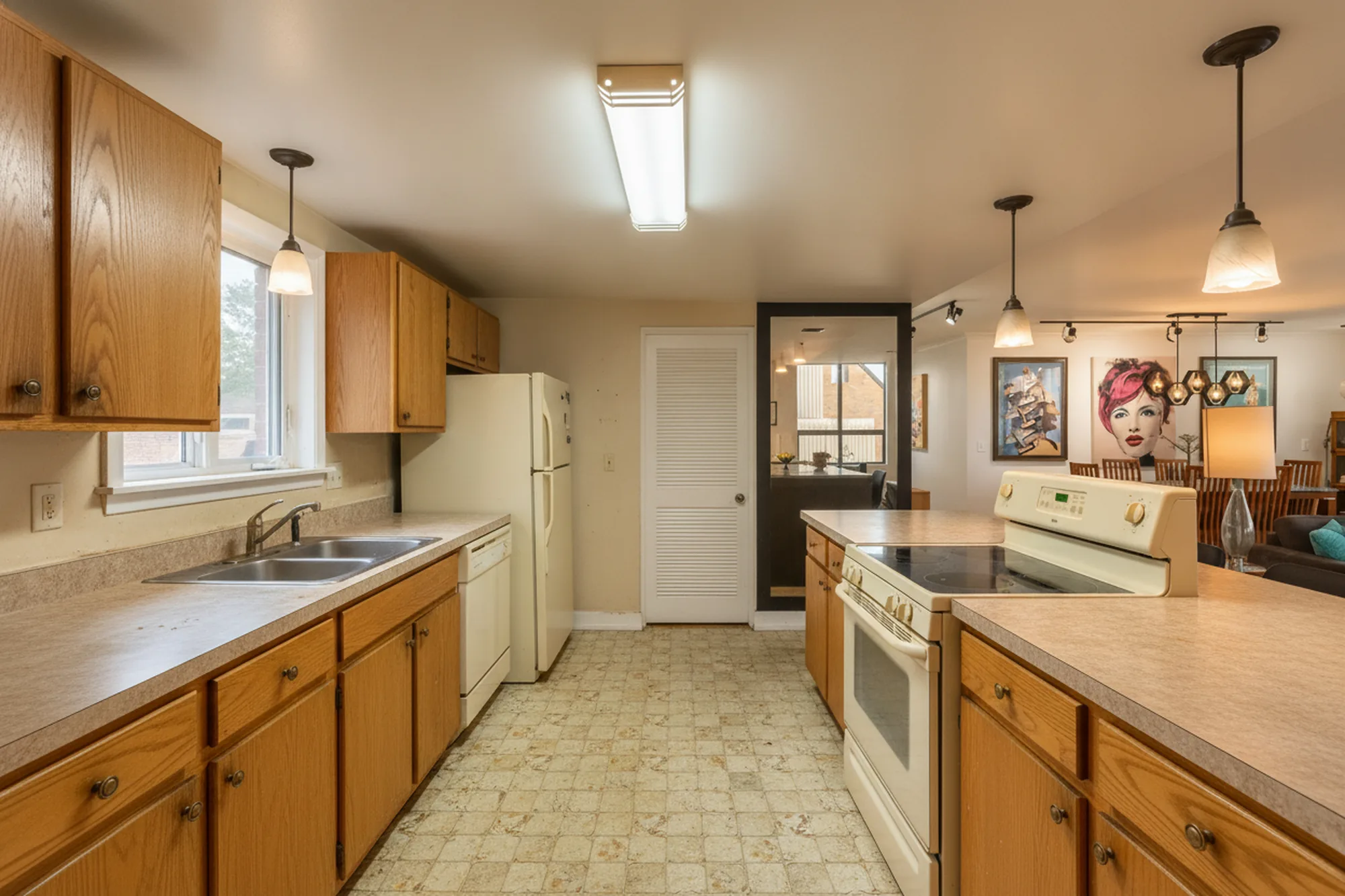Mission kitchen renovation in Calgary, before — honey-oak raised-panel cabinets under speckled beige laminate