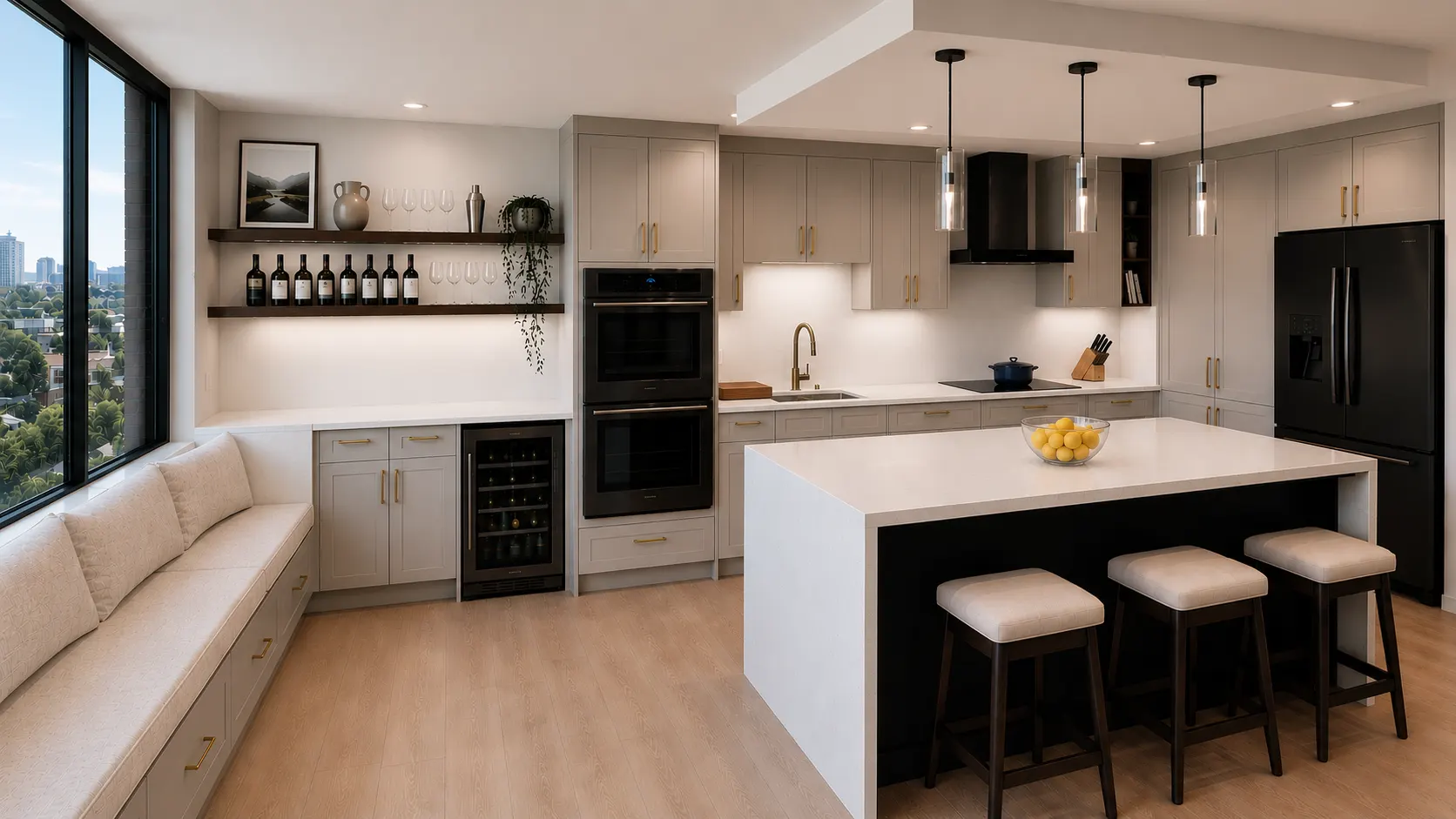 Condo kitchen renovation at Roxboro Tower, Calgary — a quartz waterfall island, brass hardware and black wall ovens