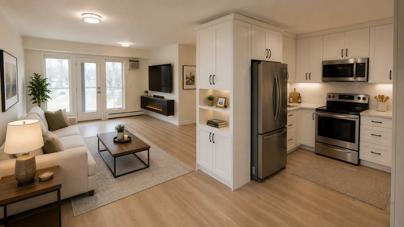 Open-plan kitchen and living area renovation in Sienna Hills — white shaker cabinets, quartz counters and a linear electric fireplace