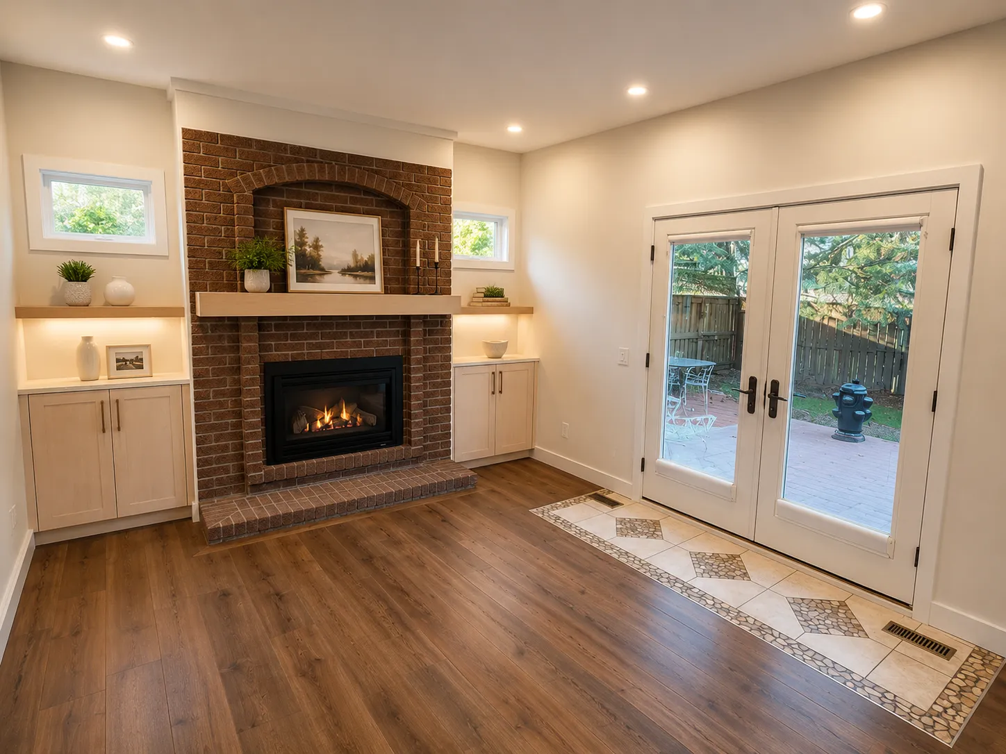 Living area with a brick gas fireplace and built-ins from a Lake Bonavista house renovation in Calgary