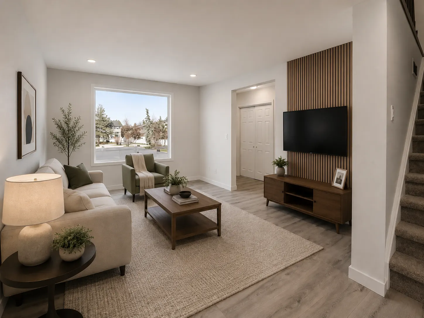 Living room renovation in Braeside, Calgary — a vertical walnut slat feature wall behind a wall-mounted television