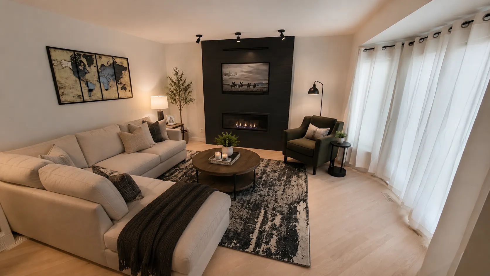 Living room renovation in Shawnee Slopes, Calgary — a full-height black shiplap feature wall with a linear gas fireplace
