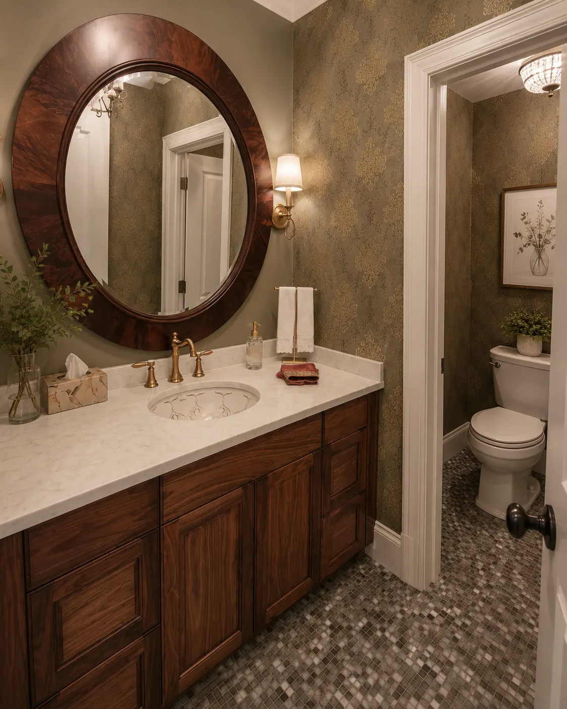 Powder room renovation in Park Hill, Calgary — damask wallpaper, a round burl-wood mirror, walnut vanity and mosaic tile floor