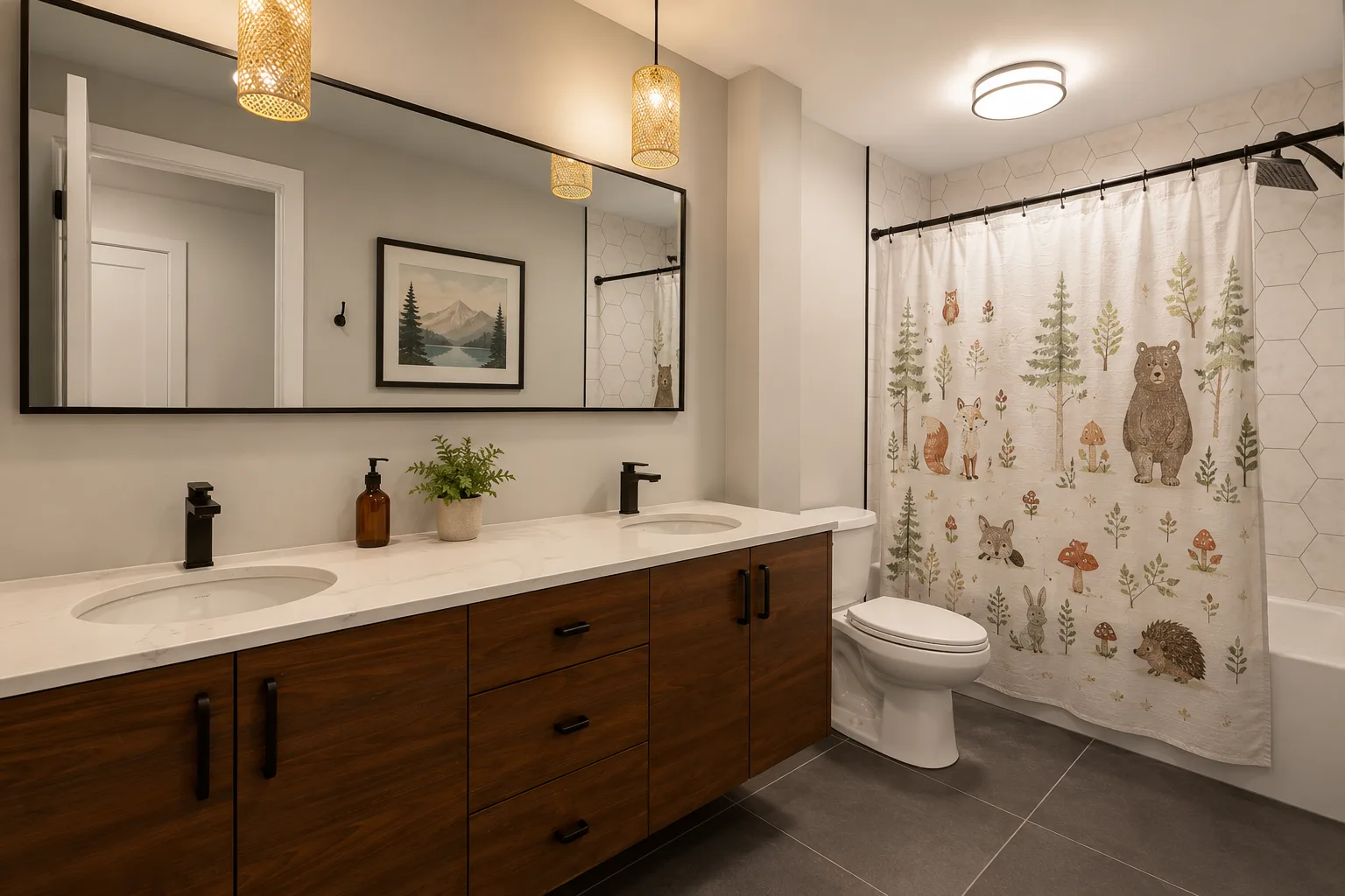 A renovated main bathroom with a floating walnut vanity and matte-black fixtures from a Rideau house renovation in Calgary by Suite Home Renovations