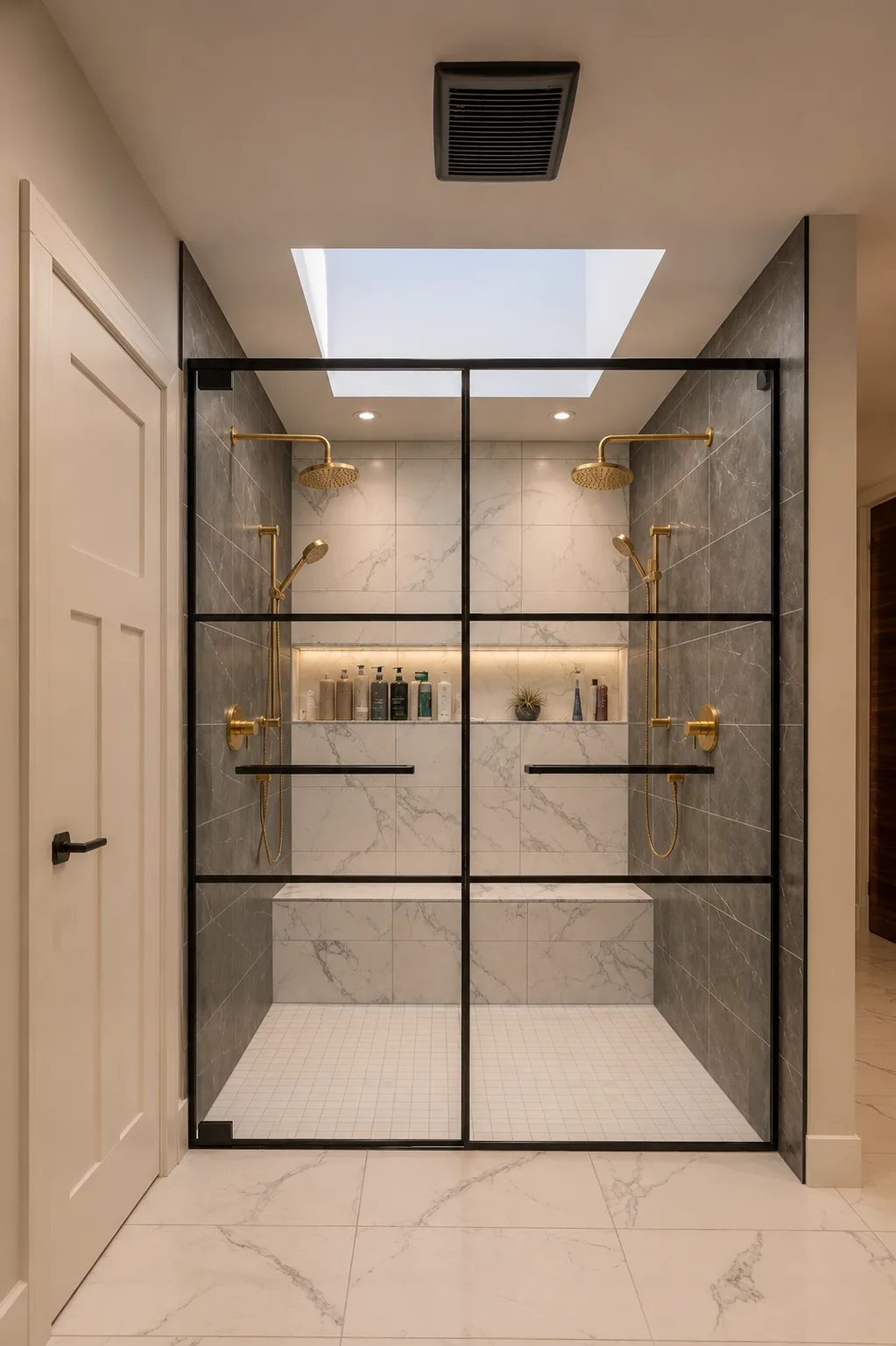 Rideau ensuite renovation in Calgary — a double walk-in shower with brass rain heads, marble-look tile, a lit niche and a bench behind black-framed glass under the skylight