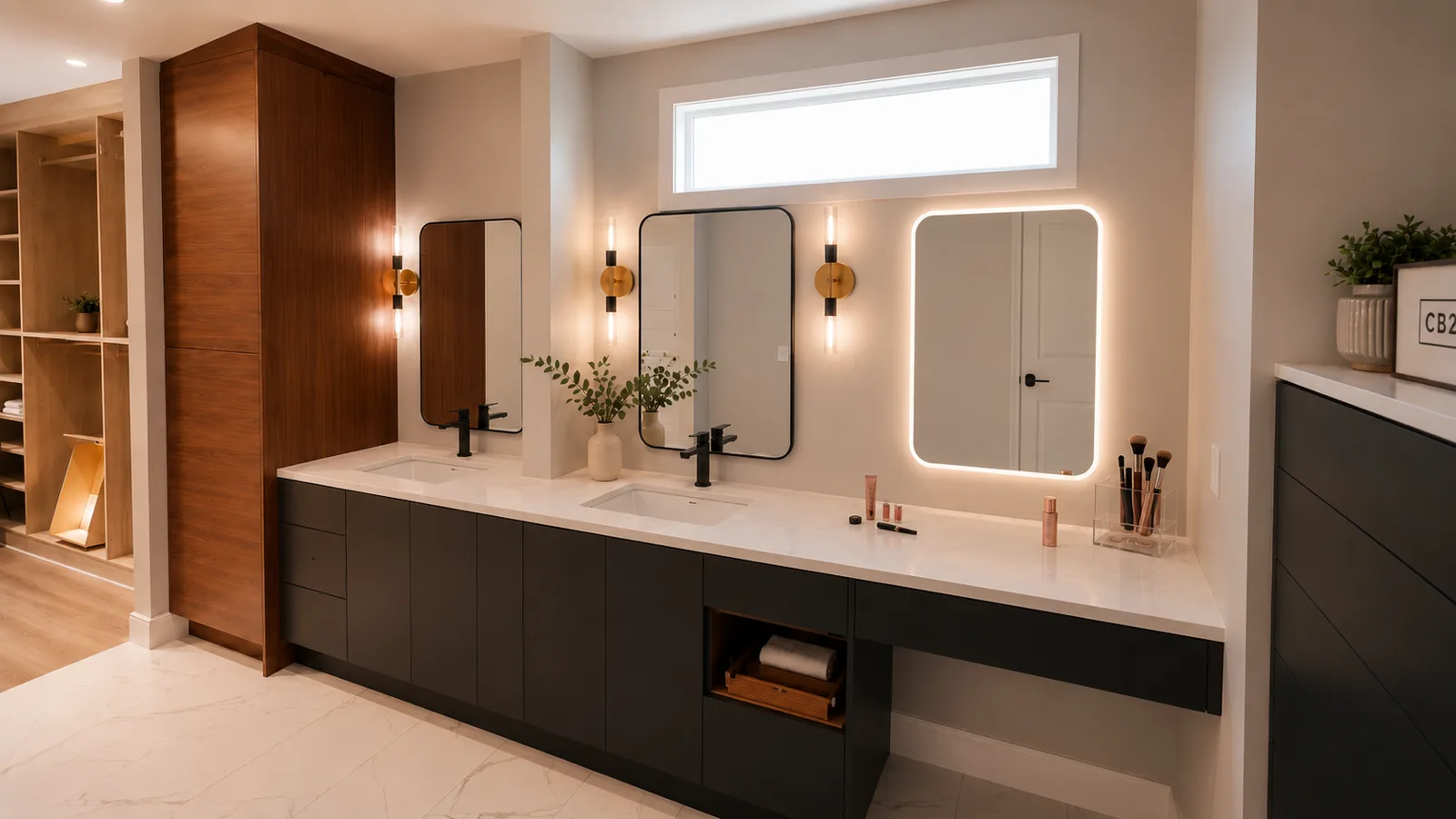 Rideau primary ensuite after renovation — a floating charcoal double vanity with quartz, a seated makeup station and a backlit LED mirror, Calgary