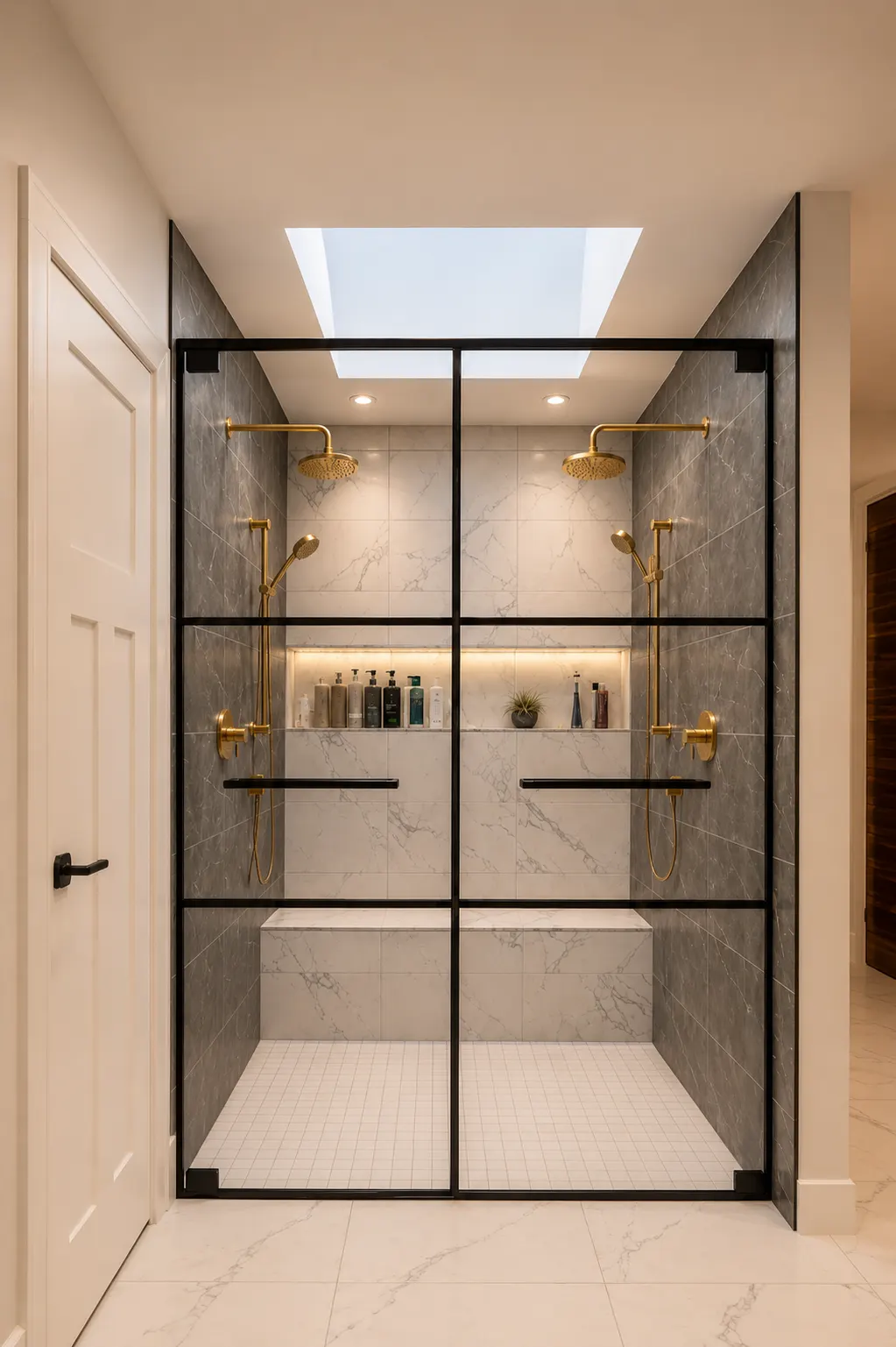Double shower in a Roxboro bathroom renovation, Calgary — twin brass rain heads, black-framed glass and a skylight above