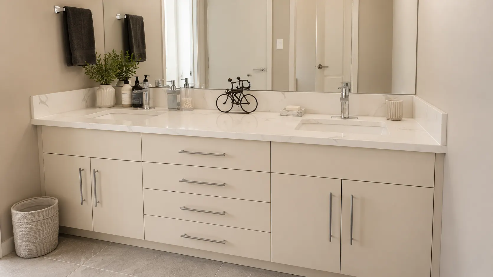 Double vanity in a Bayview bathroom renovation, Calgary — slab-front cabinets, brushed-nickel pulls and a marble-look quartz top