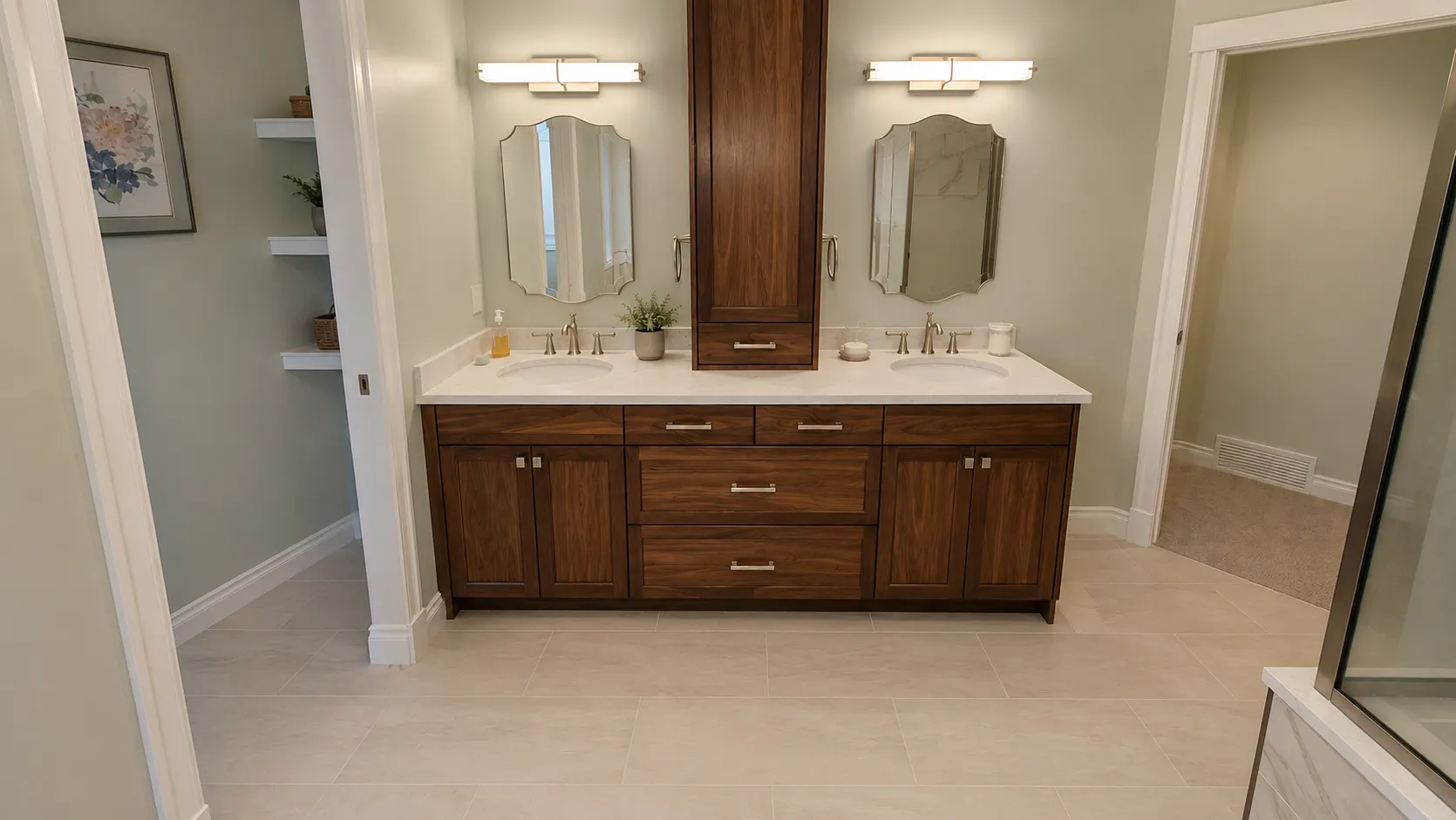 Double vanity in a Park Hill bathroom renovation, Calgary — walnut cabinetry with a centre tower and twin arched mirrors