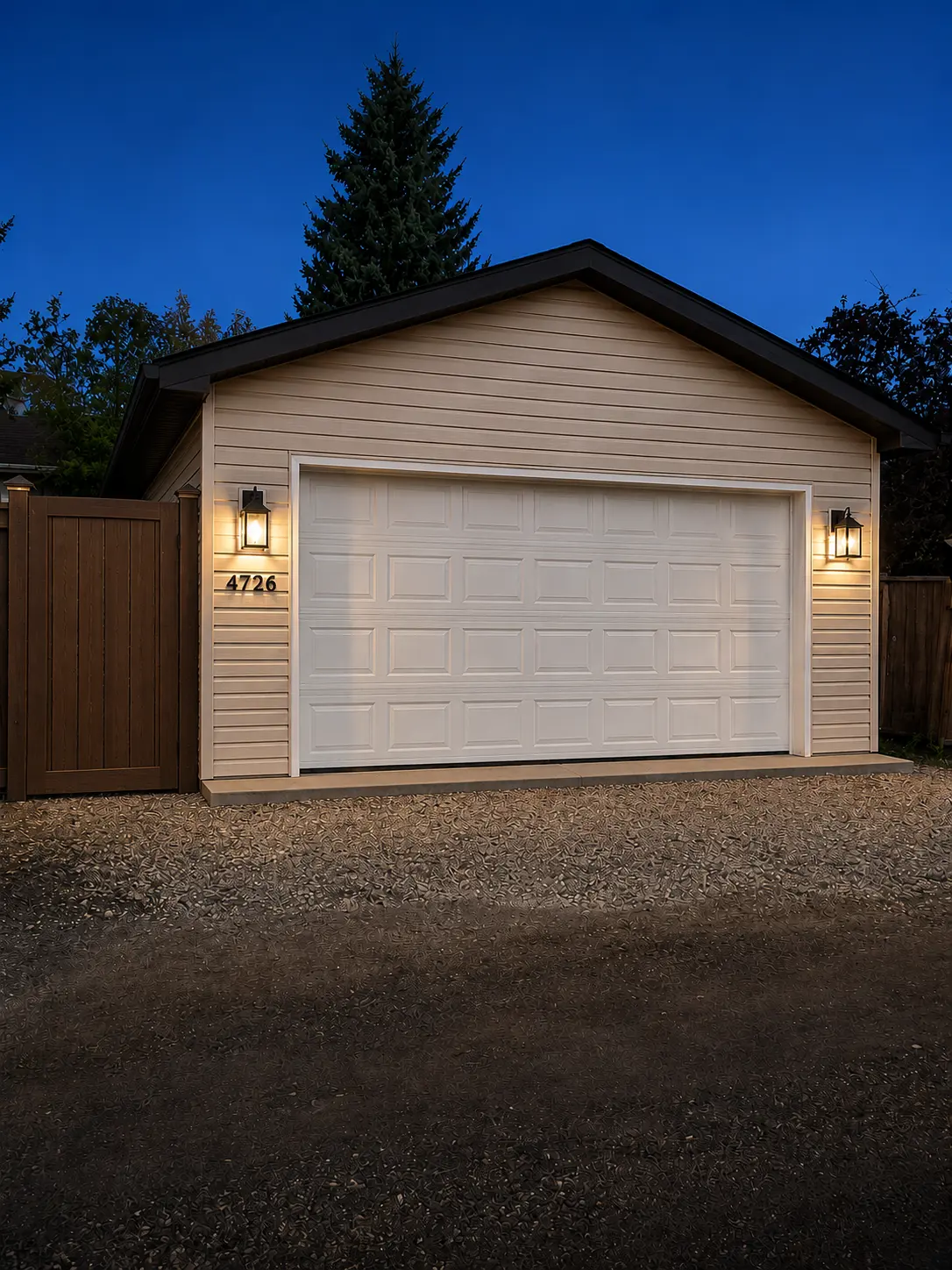 Finished detached two-car garage with matched lap siding and black coach lights from a Woodbine garage build, Calgary
